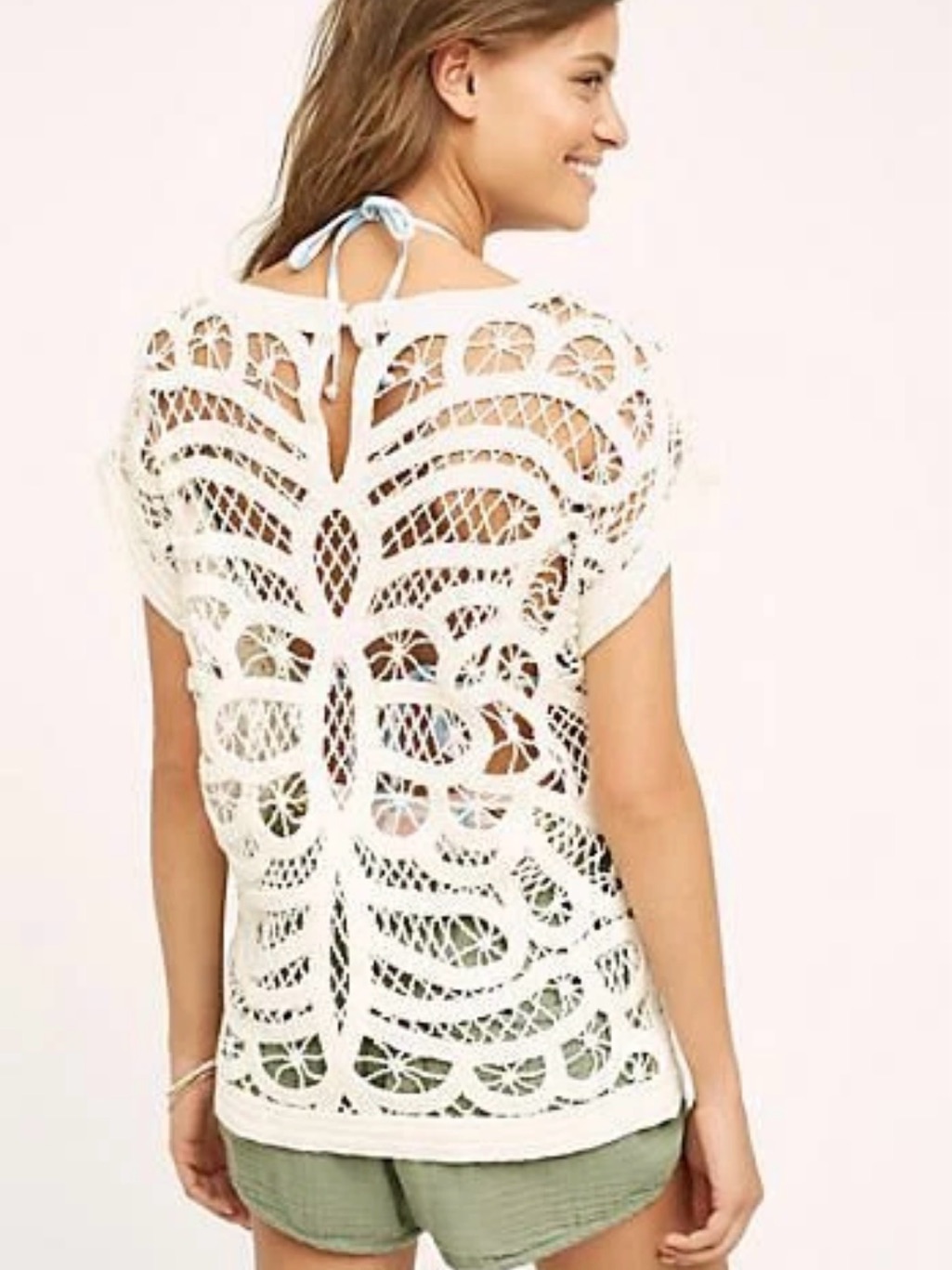 Anthropologie Isy & Ki S Cream Cotton Crochet Knit Cover-Up Top Euro Summer